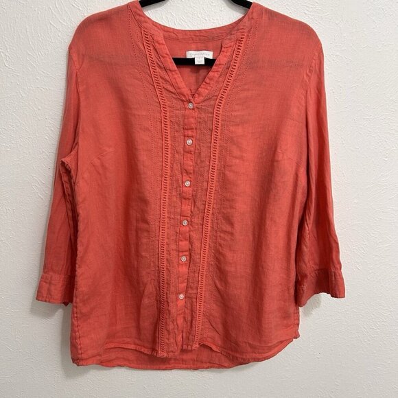 Charter Club Coral Pink Linen Top Blouse Sz L Button Front 3/4 Sleeves Roll Tab - Picture 1 of 11